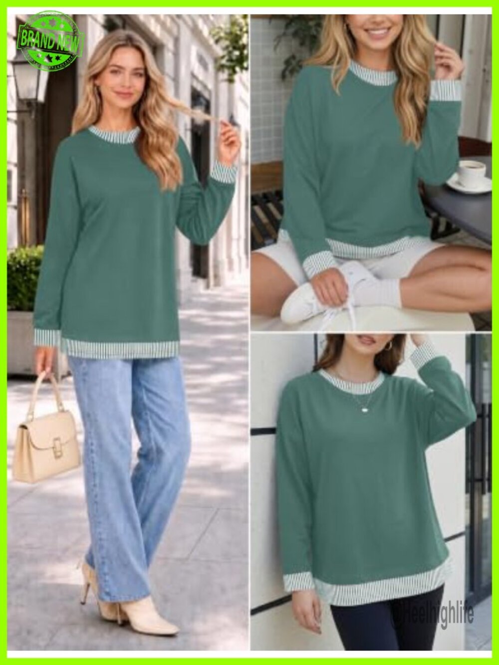 Womens Oversized Crewneck Sweatshirt Striped Trim Pullover Long Sleeve Casual - Picture 5 of 5